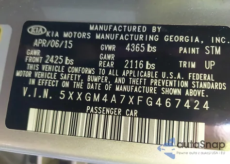 2015 Kia Optima Lx z USA, uszkodzony, nr VIN 5XXGM4A7XFG467424